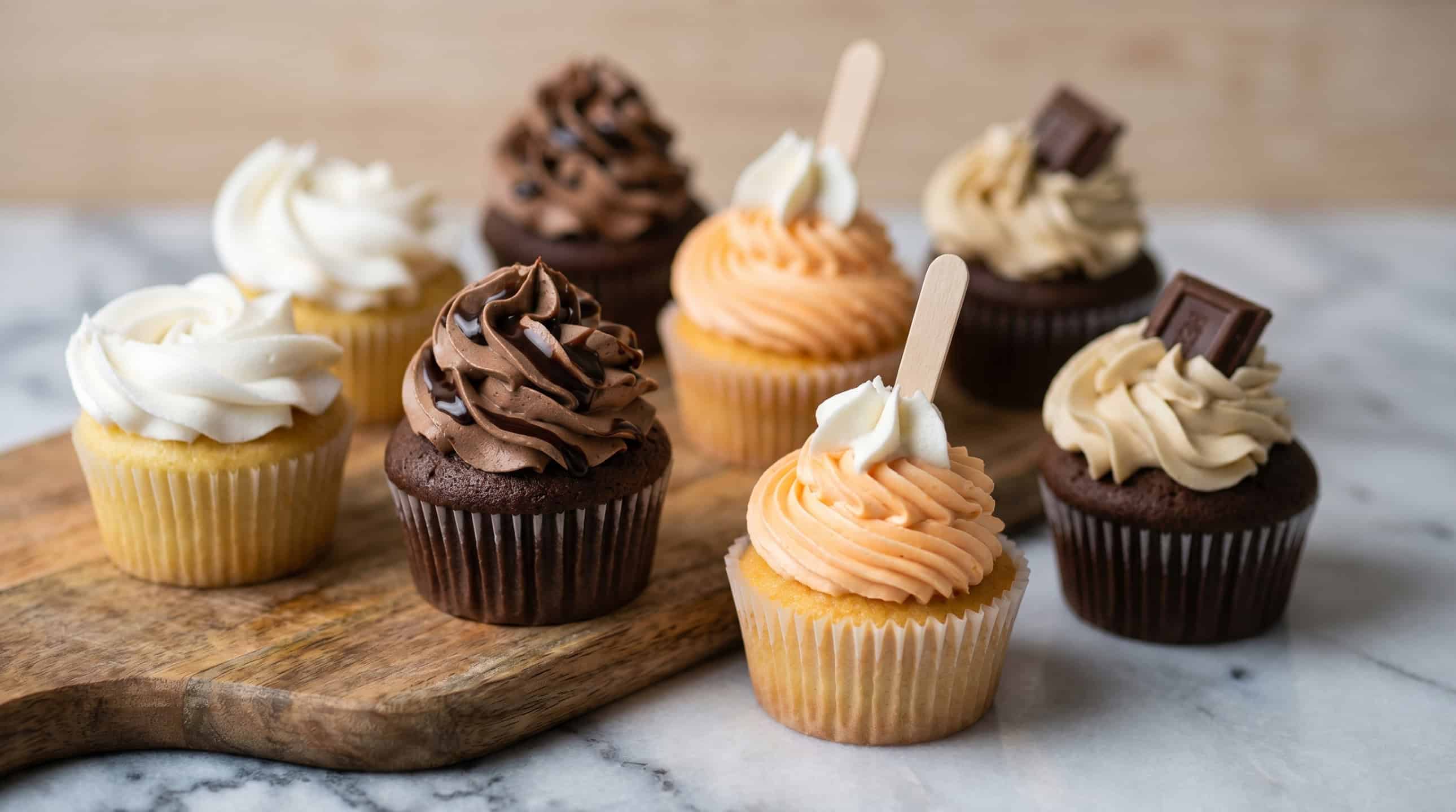An assortment of brightly frosted custom cupcakes