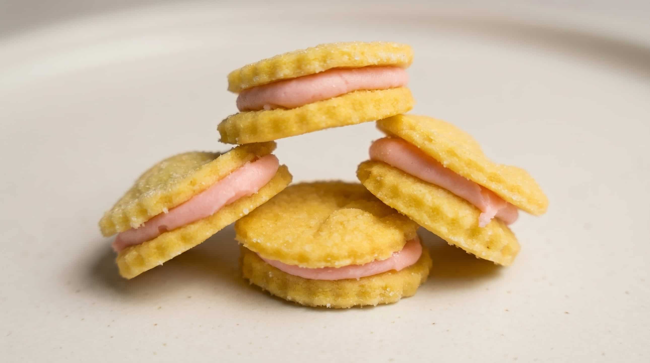 Almond crème sandwich cookie with a soft pink filling