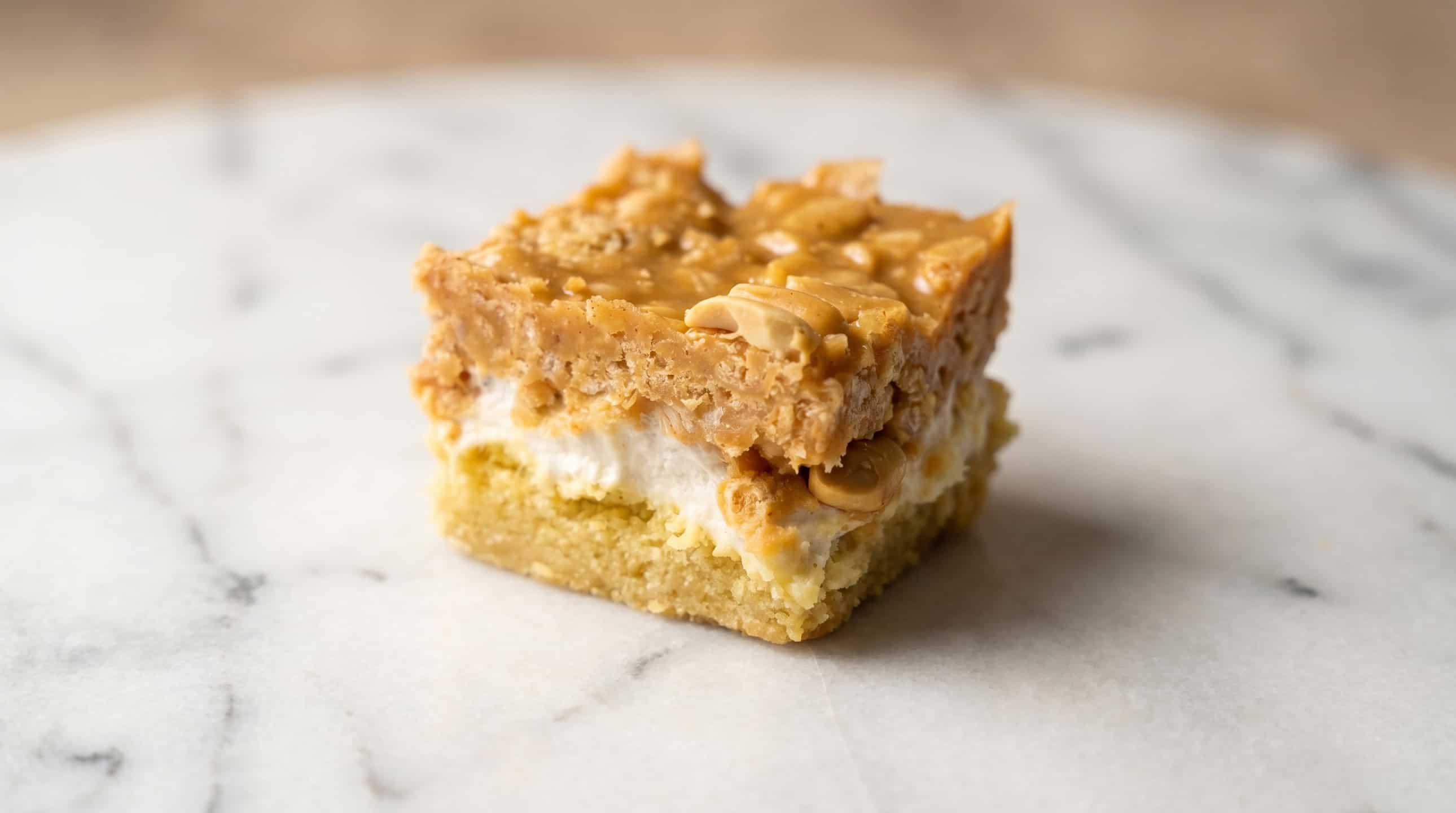 Slice of salted nut roll bar with peanuts and creamy nougat