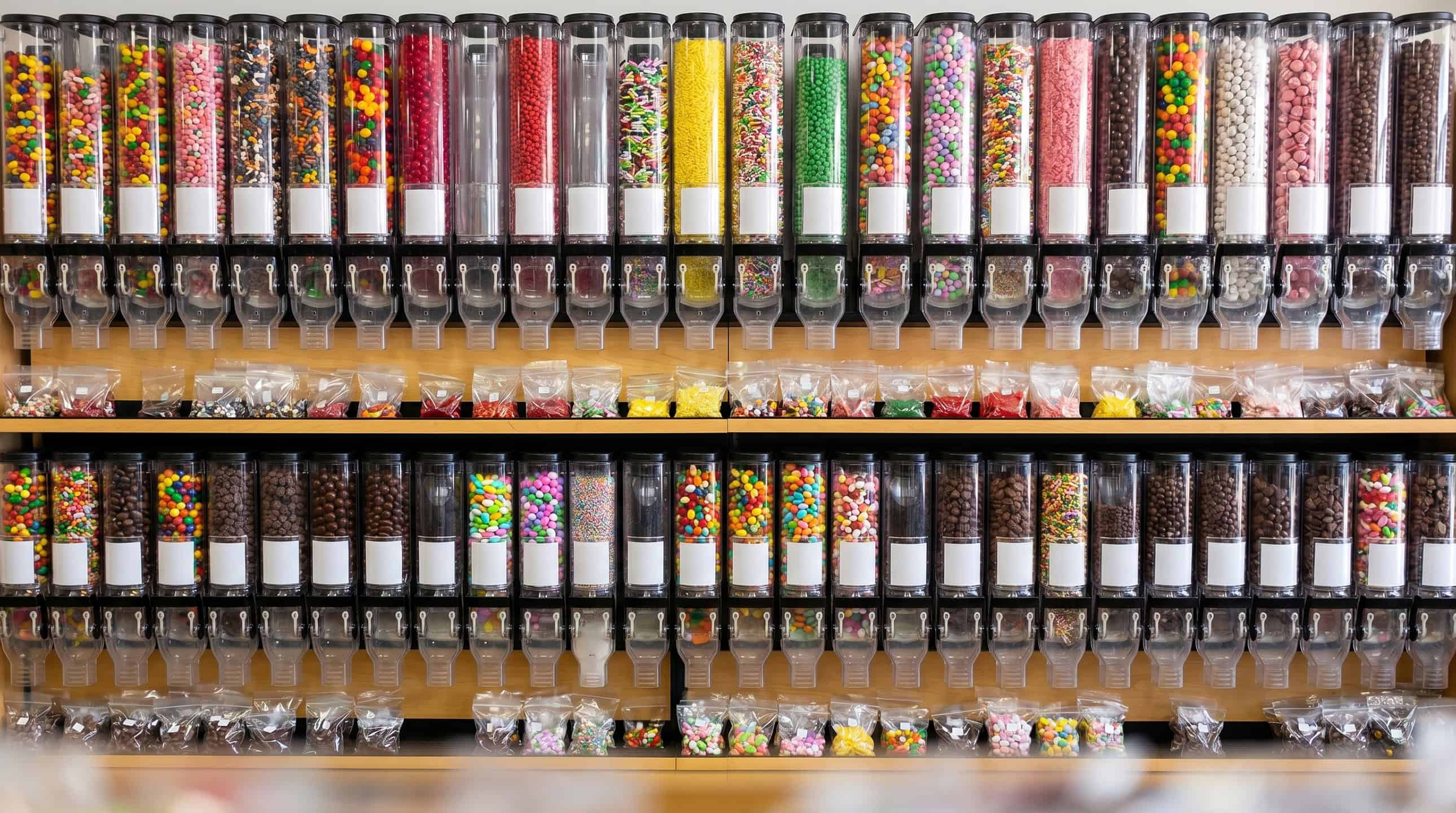 A colorful wall of candy bins filled with bagged sweets and treats